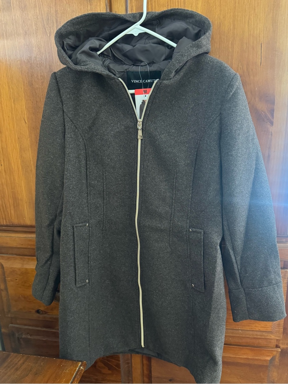 Vince Camuto Brown Hooded Zip-Front Trench Coat